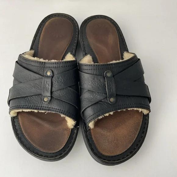 UGG Wainscott Black Leather Cross Strap Luxury Sandal Slides Mens Size 12 - Picture 2 of 10